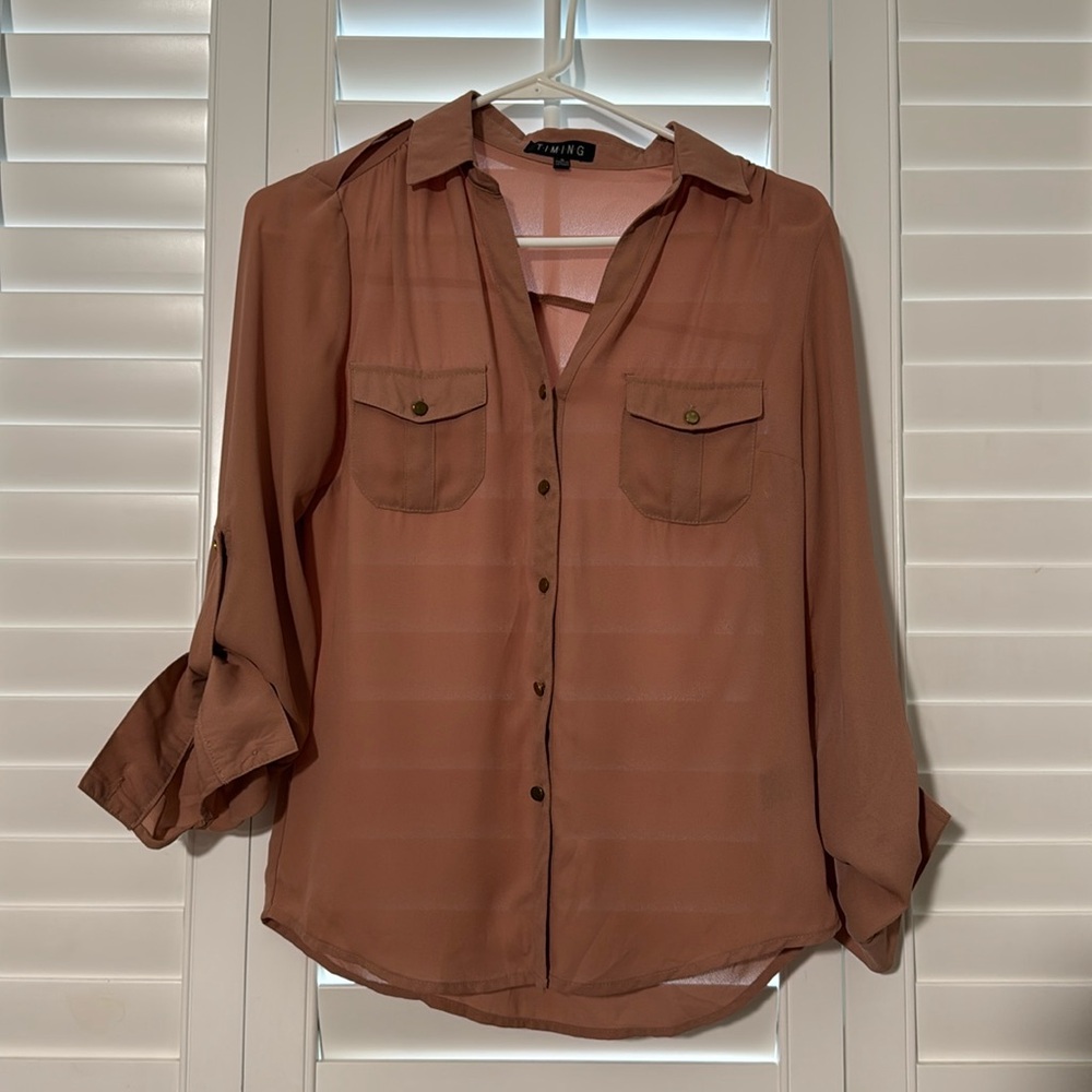 Sheer coral long-sleeved button down